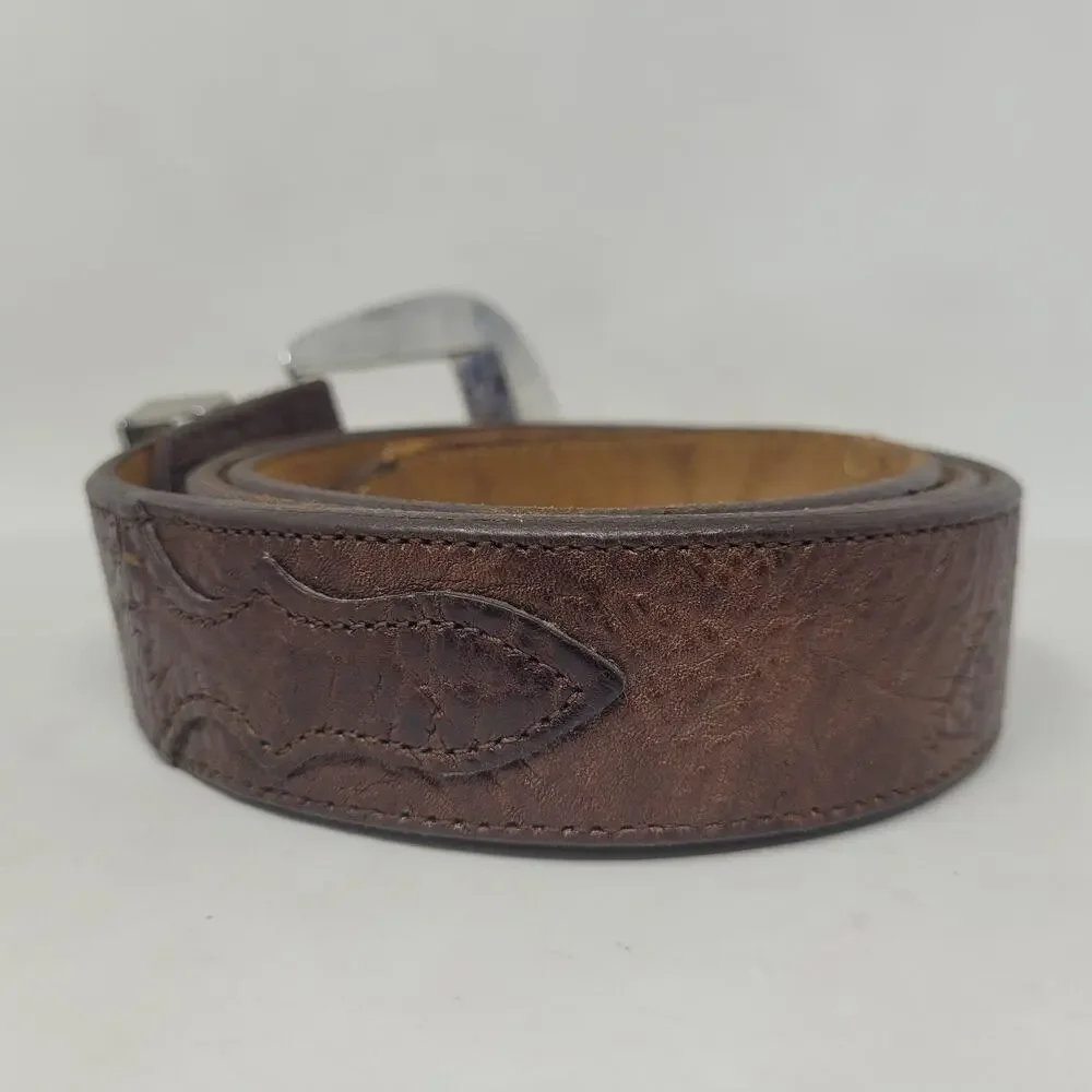 Brown Leather Belt Mens 40 Tooled Western Cowboy Rhinestone Buckle Bling Rodeo